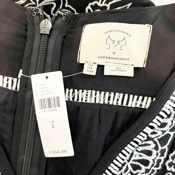 Vanessa Virginia by Anthropologie V Neck Embroidered Coquette Dress Black 2 NWT - Picture 2 of 14